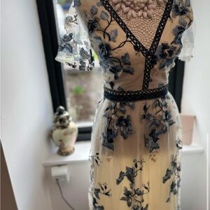 Chi Chi London Blue and Cream Embroidered Midi Dress